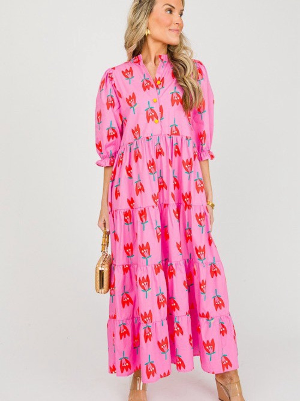 Pink Floral Tiered Maxi Dress